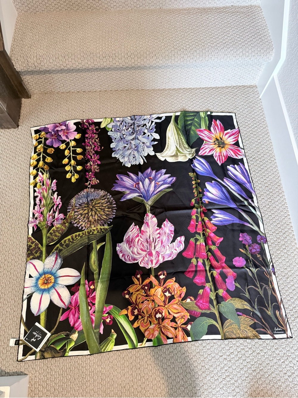 Echo Black Floral Silk Scarf with Bold Garden Print
